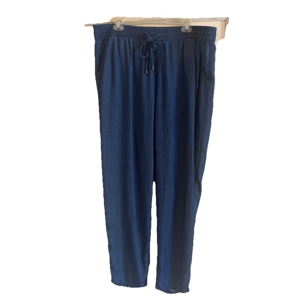 Y2K Faded Glory Pants Women XL 16/18 Blue Chambray Rayon Soft Ankle Pockets Tie